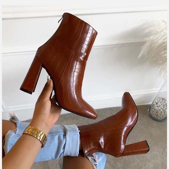 Shoes - TAN FAUX CROC SQUARE TOE BLOCK HEEL ANKLE BOOTS